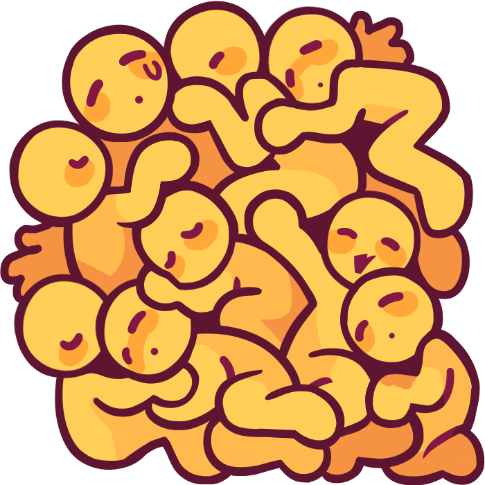 Nine yellow figures snuggled together.